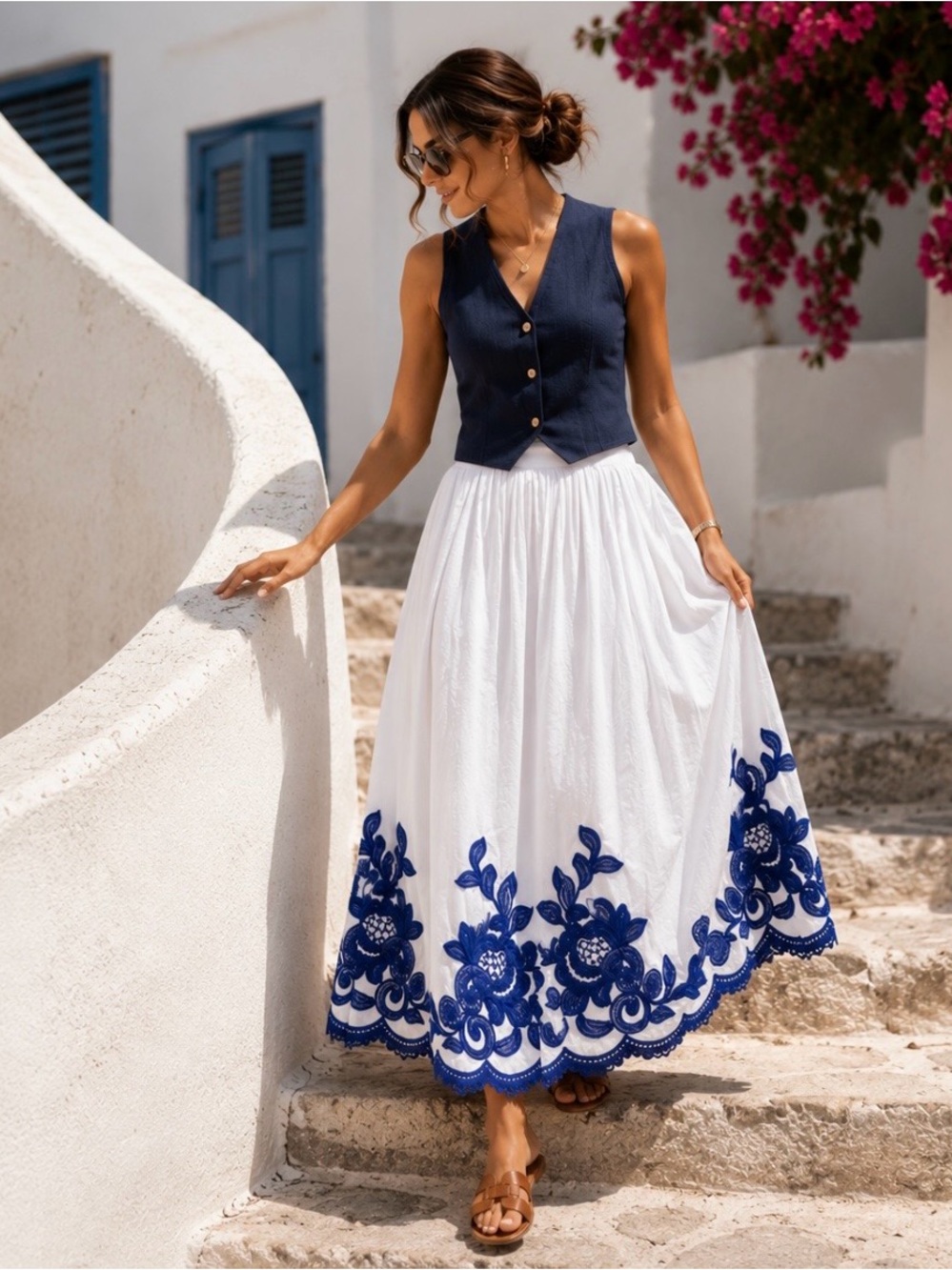 Zara Embroidered Scallop Hem Maxi Skirt Blue White Boho NWT XL